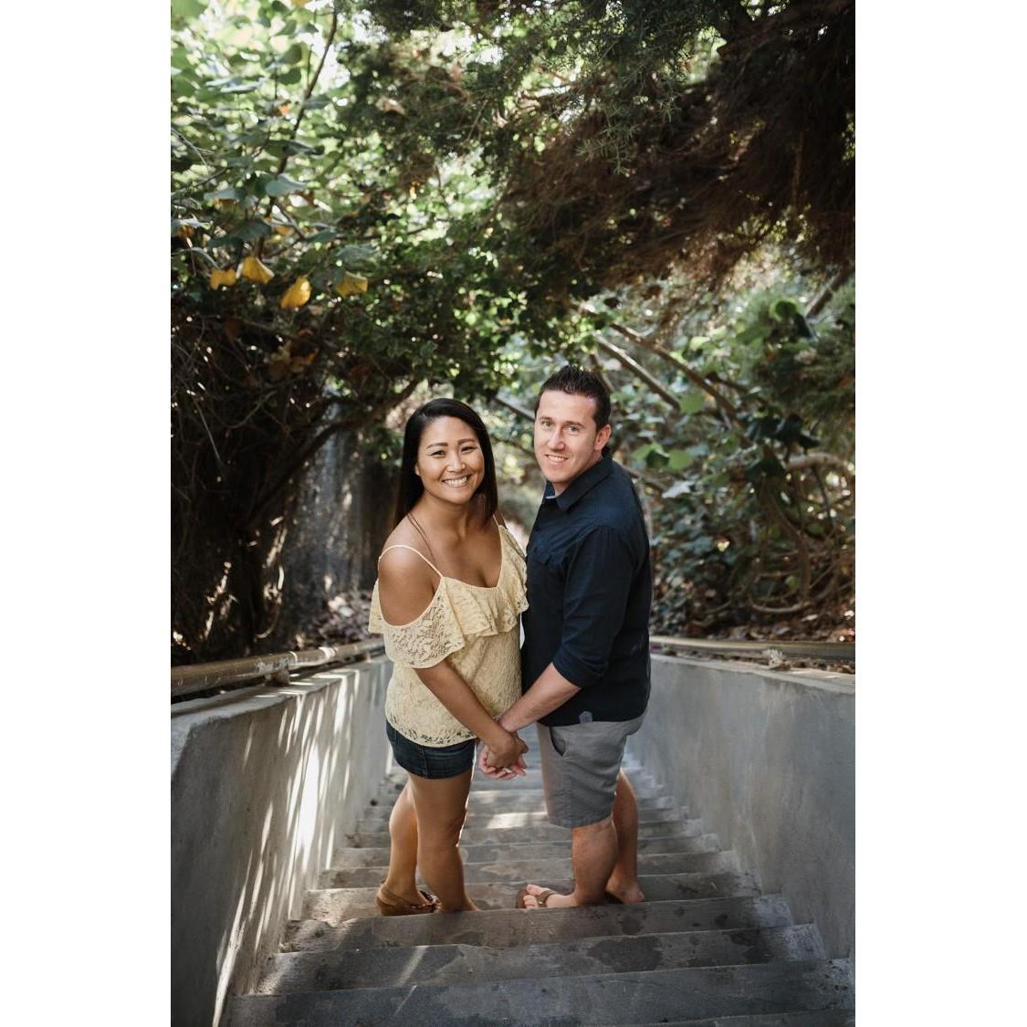 On our way down the 1,000 steps to get to our engagement photo shoot!