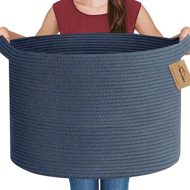 MEGASKET Dark Blue Storage Basket, 22" X 14" Extra Large Woven Cotton Rope Basket, Decorative Blanket Basket Living Room, Oversized Toy Bin Organizer, Pool Towel Basket, Large Round Basket for Decor