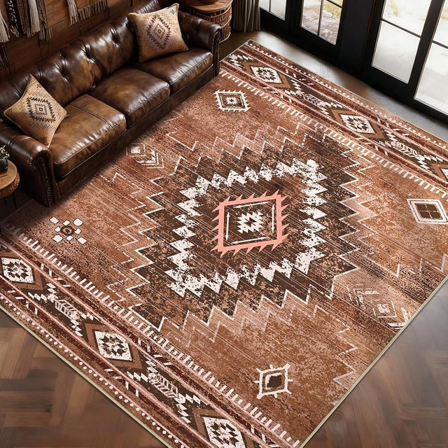 Yinhua Western 8x10 Rug for Living Room, Aztec Non-Slip Washable Rug for Bedroom, Soft Moroccan Large Area Rugs Non-Slip with Rubber Backing, Brown Non-Shedding Carpet for Office Nursery