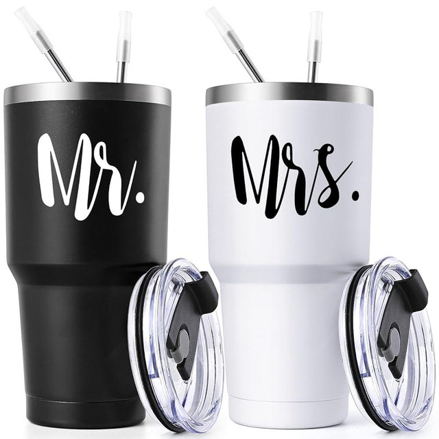 Lifecapido Mr and Mrs Gifts, Mr and Mrs Stainless Steel Travel Tumblers Set, Wedding Gifts for Couples Newlyweds Bride Groom Mr Mrs, His and Her Gifts, Couple Gifts for Anniversary(30oz, Black&White)