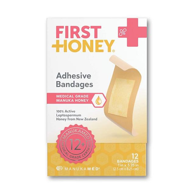 First Honey Manuka Honey Adhesive Bandages 12 Pack | Latex Free, Antibiotic Free Wound Dressing | Medical Grade Honey Adhesive Pads | First Aid Care Burns, Cuts, Scrapes, Wounds, Lacerations