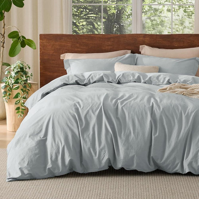 Bedsure 100% Washed Cotton Duvet Cover Queen - Mist Blue Minimalist Cotton Duvet Cover Linen Like - 3 Pieces GentleSoft™ Plain Simple Bedding Set with 2 Pillow Shams (Mist Blue, Queen, 90"x90")