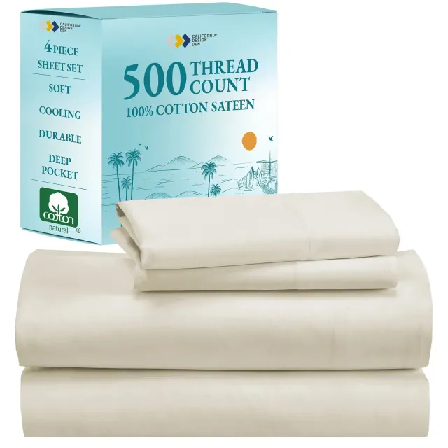 Ivory -Full Sheet Set, 100% Extra Long Staple, 500 Thread Count Sateen Weave, 4 Piece Set, California Design Den