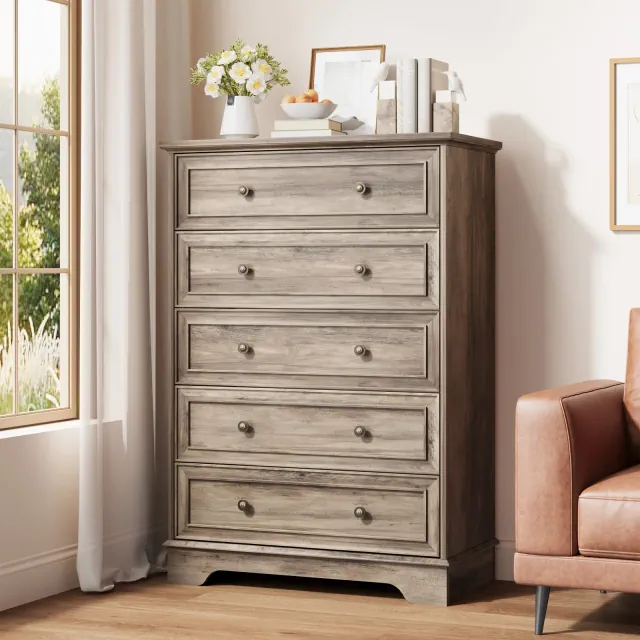 5-Drawer Farmhouse Dresser, Vertical Storage Cabinet with Wood Grain Finish - Tall Chest Organizer for Bedroom & Hallway, Gray