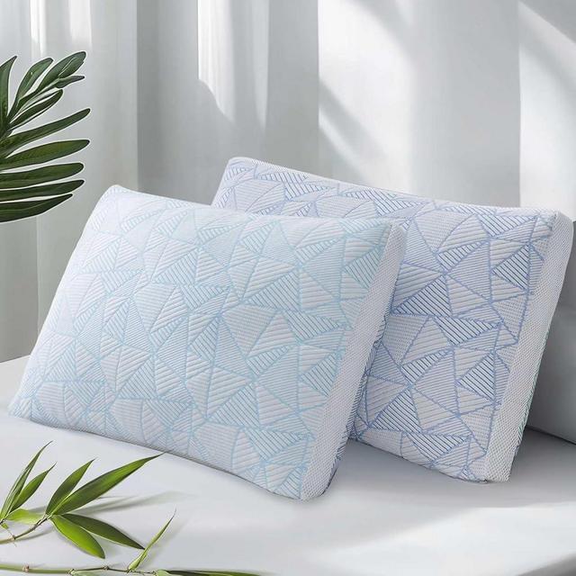 Shredded Memory Foam Cooling Soft Bamboo Viscose Pillows Queen Size Set of 2, Adjustable Hypoallergenic Hotel Quality Bed Pillows for Side, Stomach or Back Sleeper, Oeko-TEX Certified