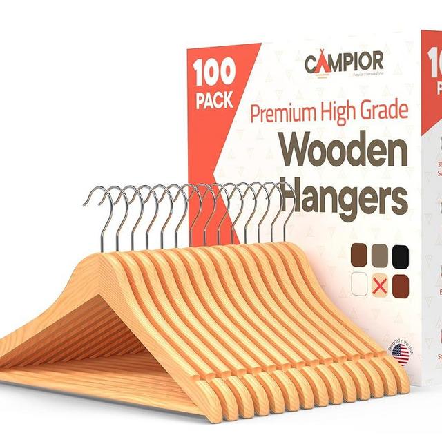 Natural Wooden Hangers 100 Pack – Heavy-Duty with 360° Swivel Hook, Non-Slip, Pants Bar & Shoulder Grooves - Wooden Hangers for Suits, Jackets, Dresses & Camisoles, Space-Saving and Smooth Finish