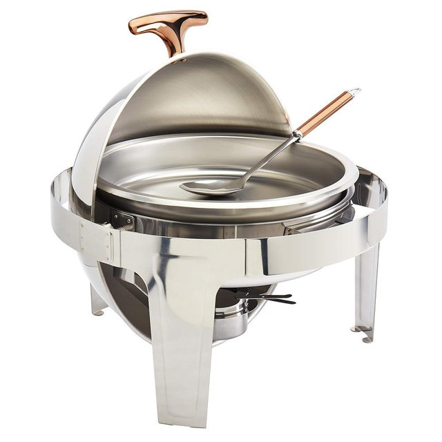 Denmark Tools for Cooks Celebrations Cookware Collection 5 Piece 6.3-Quart Heavy Gauge Stainless Steel Round Chafing Dish Set with Roll Top Lid for Entertaining & Catering