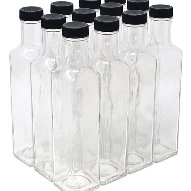 NiceBottles - Clear Glass Quadra Bottles, 250ml, Black Caps (8.5 Fl Oz) - Case of 12