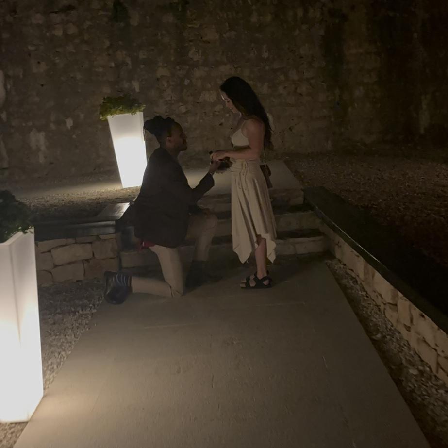 Ari proposed on 9/11/14 after a sunset dinner on an island called Vis in Croatia.