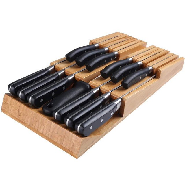NIUXX Bamboo In-Drawer Knife Block Set for 12 Knives(Not Included), Large Kitchen Detachable Washable Cutlery Slot Organizer Storage Holder for Sharpening Steel and Cutter