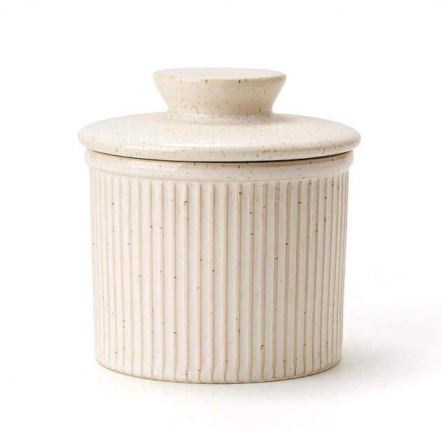XELA Large Butter Crock with Lid for Countertop, The Original Reactive Glaze Butter Dish With Water Line, French Butter Dish for Spreadable Butter -Speckled White