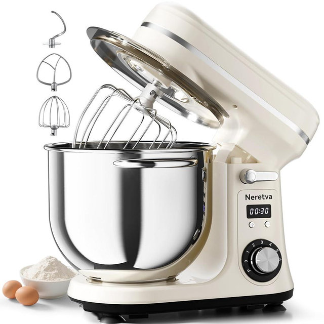 Neretva Stand Mixer, 6.34QT & 6 Speed Professional Mixers Kitchen Electric Stand Mixer Super Stable & Lower Noise Household Stand Mixer with Stainless Steel Bowl, Whisk, Flat Beater, Dough Hook -Beige