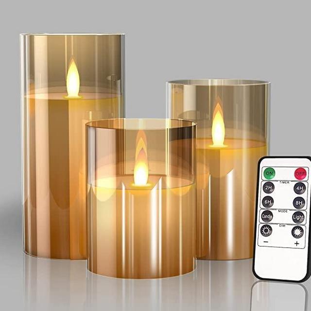BOPONA Flameless Candles, 3 Pack Pretty Esthetic Led Candles with Remote, Real Wax Fake Wick Battery Operated Candles Flickering for Wedding Home Party Decor - Gold