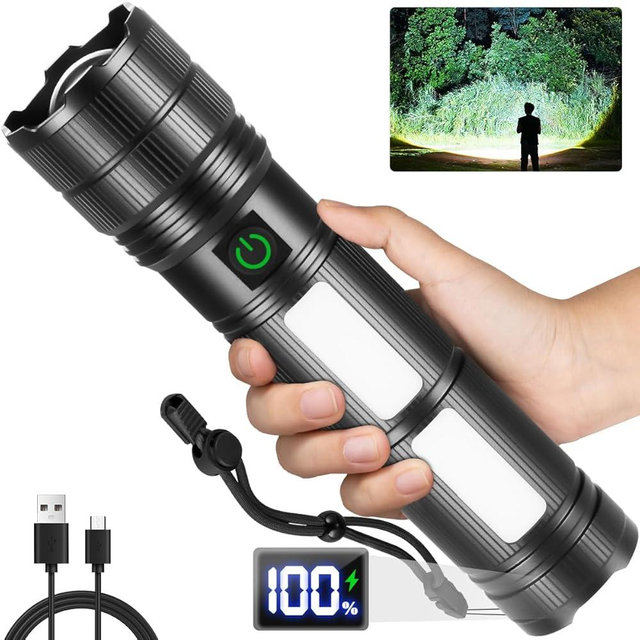 Large Size & High Powered Flashlight, Flashlights High Lumens 1000000, Super Bright Flashlight, Rechargeable Flashlights LED, Adjustable Tactical Flash light, Waterproof Flash Light for Home Emergency