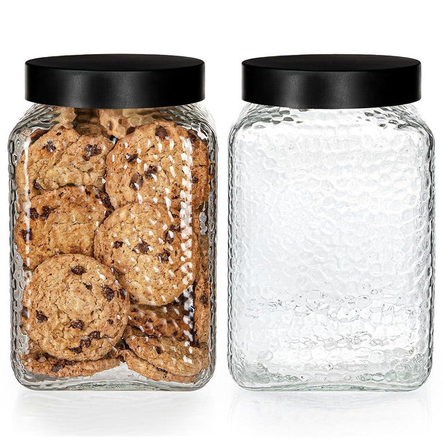 80oz Large Glass Kitchen Canister with Lid, Pantry & Countertop Organizing Storage Jar for Flour, Sugar, Coffee, Larger than Half Gallon Glass Container Set of 2 - Black Metal Lids