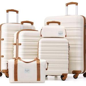 LONG VACATION 6 Piece Luggage Set Carry on Suitcase with ABS+PC hardshell, Spinner Wheels & YKK Zipper TSA Lock (BEIGE-BROWN, 6 piece set)