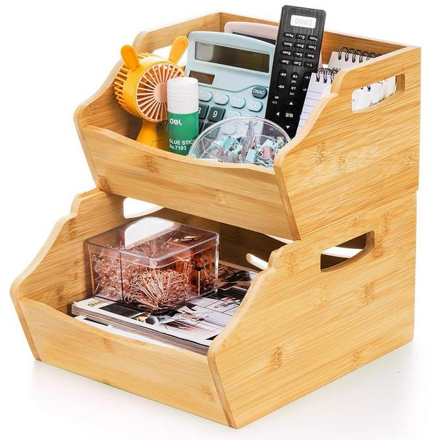 Cididu 2 Pack Bamboo Stackable Storage Bin, Countertop Open Front Stacking Bins, 2 Tier Organize Basket Box with Handle, Food Fruit Container for Cabinet, Kitchen, Studio, Office