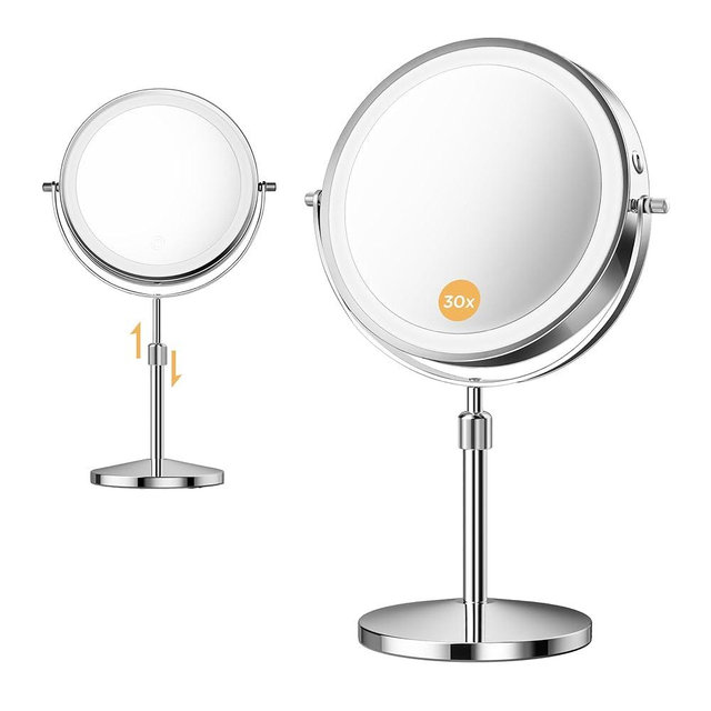 tubbede Makeup Mirror, 1X/30X Magnification with 3 Level LED Lights, 5000 mAh Rechargeable Double Sided 9” Magnifying Mirror with 360° Rotation, Perfect for Precision Grooming and Makeup, Women Gift