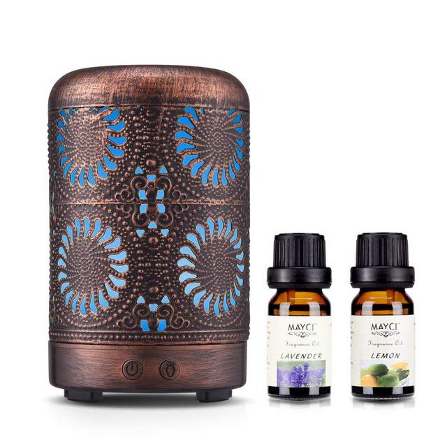 Essential Oil Diffuser with Oils, Ultrasonic Aromatherapy Oil Diffuser Humidifier with Lavender&Lemon Oils, Mini Vintage Metal Cool Mist Diffusers for Essential Oils Gift Set, Gift Idea