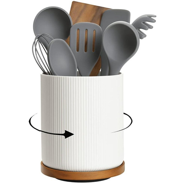 Bella Cooks Utensil Holder, 360° Rotating Extra Large Ceramic Kitchen Utensil Holder for Countertop 7.3“ Cooking Utensil Crocks for Kitchen Counter with Rotatable Wooden Base, Farmhouse Decor, White
