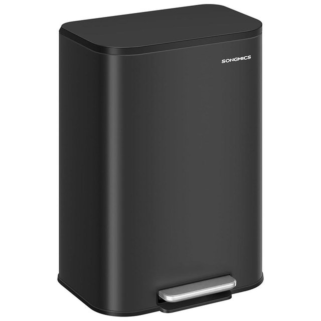 SONGMICS Kitchen Trash Can, 13-Gallon (50 L) Garbage Can with Lid, Stainless Steel, Soft Close and Stays Open, Inner Bucket, Wide Non-Slip Pedal, Ink Black ULTB547B01