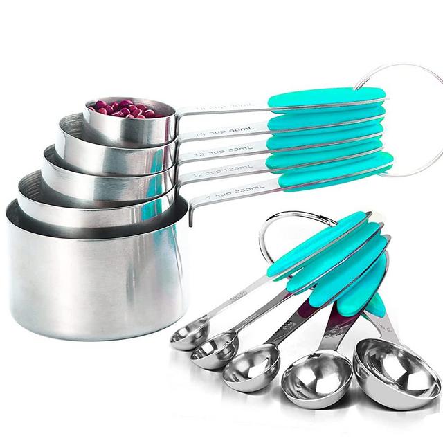 VOJACO Measuring Cups and Measuring Spoons, Measuring Cups and Spoons Set of 10 Pieces, Stainless Steel Measuring Cup Set for Dry Liquid Food, Metal Measure Cups for Kitchen Cooking Baking (Teal)