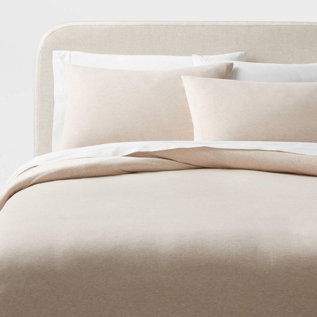 Full/Queen Jersey Duvet and Sham Set Oatmeal Heather - Threshold™: Cotton Knitted Bedding, Zipper Closure Pillow Sham