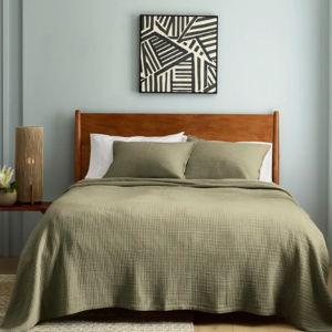 Olive Organic Ribbed Cotton Coverlet Set - KING