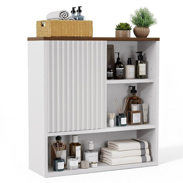 FerniTry Bathroom Wall Storage Cabinet Fluted,Modern Over The Toilet Storage Cabinet Medicine Cabinet with Adjustable Shelves, Wood Curved Profile Wall Mounted Storage Organizer(White+Walnut)