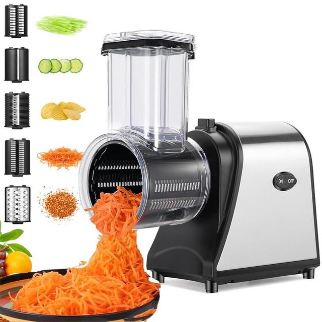 Electric Cheese Grater/shredder, 250W Electric Slicer Grater Salad Maker with 5 Free Attachments Electric Salad Machine for Fruits, Cheeses, Extra large feed port Upgraded