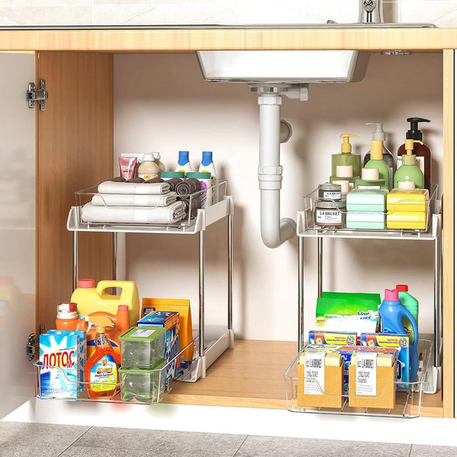 JLKDQ 2 Pack Bathroom Under Sink Organizers and Storage, 2-Tier Pull Out Medicine Cabinet Organizing- Kitchen, Pantry, Medicine Storage Bins, Vanity Makeup.(White&Clear,10.63" L x 8.0" W x 8.46" H).