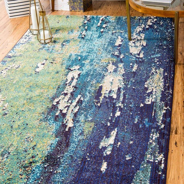 Unique Loom Estrella Collection Distressed, Landscape, Abstract, Modern, Earth Tones Area Rug (9' 0 x 12' 0 Rectangular, Navy Blue/Green)