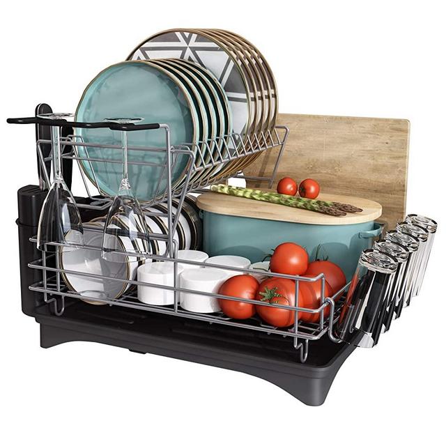 MAJALiS dish rack and drainboard set, dish drying rack for kitchen counter,2 tier dish rack Large Capacity Designed with wine glasses rack, Utensil Holder and a knife holder attachment