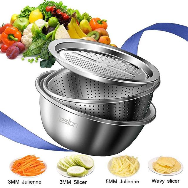 Jeslon 11 Inch Stainless Steel Drain Basket Vegetable Cutter, 3 in 1 Kitchen Multipurpose Julienne Grater - Salad Maker Bowl