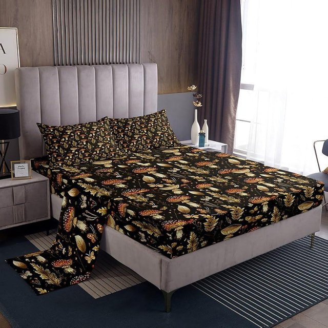Castle Fairy Rustic Style Bed Sheet Set King,Mushroom Leaf Weed Farmhouse Plant Sheets 4Pcs for Kids Teens Room Decor Butterfly Moth Animals Bedding Set (1 Top Flat Sheet,1 Fitted Sheet,2 Pillowcase)