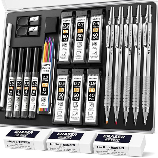 Nicpro 22PCS Metal Mechanical Pencil Set in Case, Art Drafting Pencil 0.5, 0.7, 0.9 mm & 2 PCS 2mm Mechanical Drawing Pencils with 396PCS Leads (4B 2B HB 2H Colored) for Drawing Writing Sketching