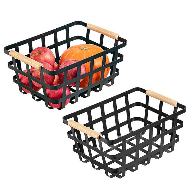 Black Wire Baskets with Wooden Handles Storage Organizer Farmhouse Baskets, Freezer Baskets Household Refrigerator for Cabinets, Pantry, Closets, Bedrooms, kitchen