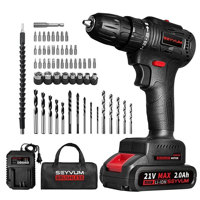 SEYVUM P10 Cordless Drill Set, 21V Brushless Power Drill Driver, Electric Drill with 2.0Ah Li-ion Battery, Fast Charger, Compact, Variable Speed, 57pcs Drill Bits with Tool Bag