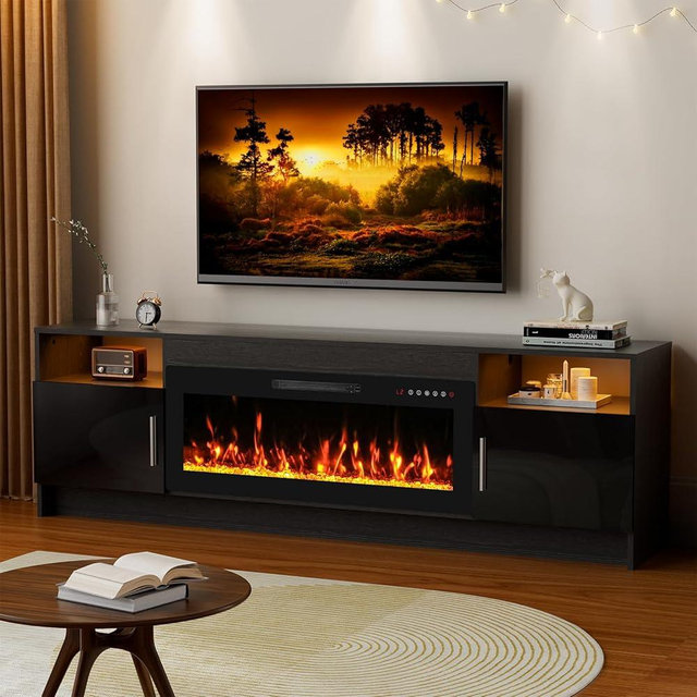 Kucreiheat 70'' TV Stand with Fireplace-Black Entertainment Center for 75+ inch TV- TV Cabinet with LED Light, Storage, High Glossy Door, Modern TV Console for Living Room