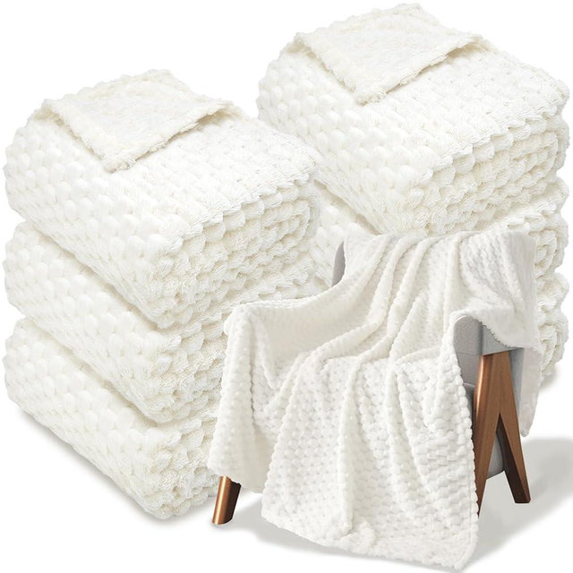 6 Pcs Fleece Throw Blanket for Couch - Turtle Velvet Jacquard Decorative Blankets 50 x 60 Inch, 240 GSM Cozy Lightweight Bed Throw for All Seasons Outdoor Wedding Ideas Donation Homeless Gifts, Beige