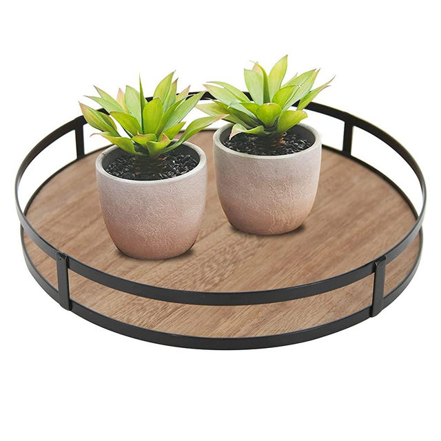 Defined Deco Round Serving Tray,Ottoman Tray 11.93",Decorative Tray and Round Wood Tray, Round Tray with Metal Handle, Decorative Trays for Home Decor, Farmhouse Serving Tray, Brown