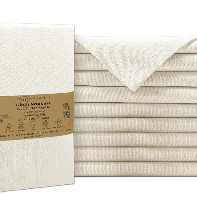 Ruvanti Premium Cloth Napkins Set of 12, 18x18 Inches, 100% Cotton, Washable, Soft & Absorbent, Perfect for Wedding, Christmas, Thanksgiving Dinners - Antique White