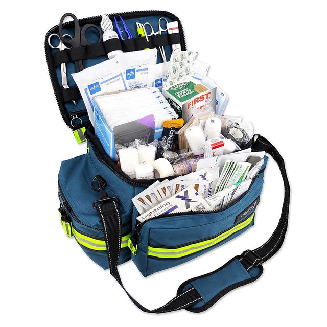 Lightning X Products Lightning X Mid-Sized First Responder EMT Bag | LXMB25 Fully Stocked Aid Kit w/ 200+ BLS Supplies - Blue