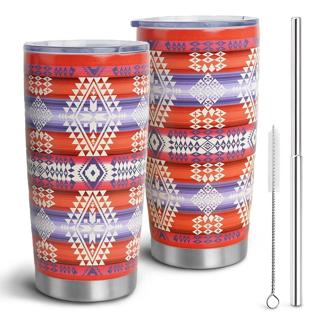 Native American Tumbler with Lid and Straw, 20oz Vacuum Insulated Coffee Cups, Funny Southwestern Travel Mug Gifts for Women on Birthday, Reusable Stainless Steel Tumbler -Gloss Cayenne Stripe