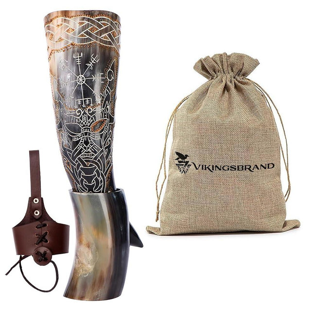 Authentic Handmade Viking Drinking Horn - Medieval Norse Ale Drinking Mug For Vikings with Stand - Hand Engraved Viking's Drink Cup - Food Safe Beer Horns (Odin & Vegvisir - 14 Inches), 2 Piece Set