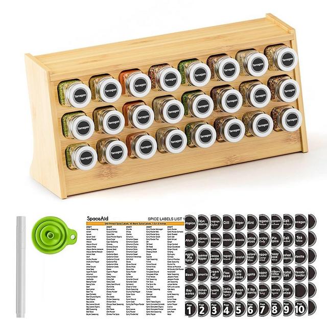MinBoo Bamboo Spice Rack Organizer for Cabinet, Countertop, Pantry，Spice Set with 24 Spice Jars, 432 Spice Labels, Chalk Marker and Funnel, Seasoning Rack 17.7" W × 8.4" H