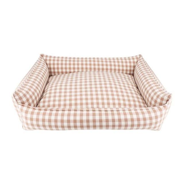 Flowersea Gingham Dog Bed for Small Dogs Washable Plaid Dog Bed for Medium Dogs Checked Dog Bed with Removable Cover (L - 20"x 27",Beige)