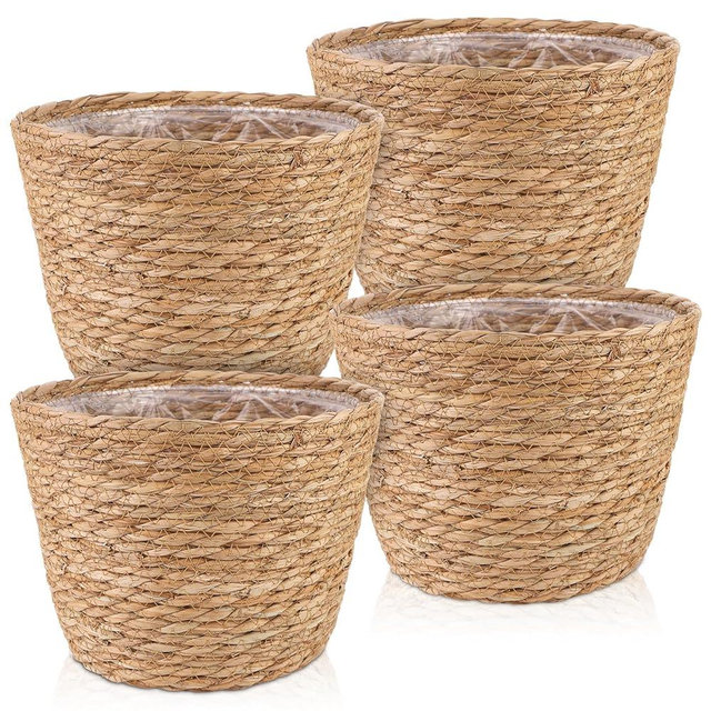 4 Pcs Large Premium Seagrass Planter Basket with Plastic Lining Natural Stylish Planter Baskets Indoor Outdoor Plants Woven Wicker Baskets for Plants Flower Pots Cover and Room Decor(10.2x7.5x7.5")