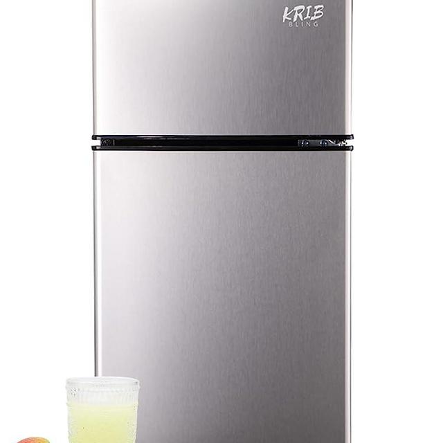 KRIB BLING Mini Fridge With Freezer,3.5 Cu. Ft Compact Refrigerator With 2 Doors,7- Level Adjustable Thermostat, Removable Glass Shelves For Bedroom, Office, Kitchen, Apartment, Dorm, Silver