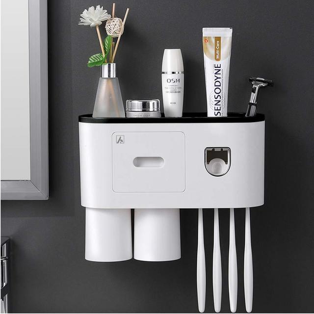 Aeakey Toothbrush Holder with Toothbrush Dispenser-Multifunctional Wall Mounted Space-Saving Toothpaste Squeezer Kit, 4 Toothbrush Slots,2 Cups and Drawers Cosmetic Organizer for Bathroom and Washroom